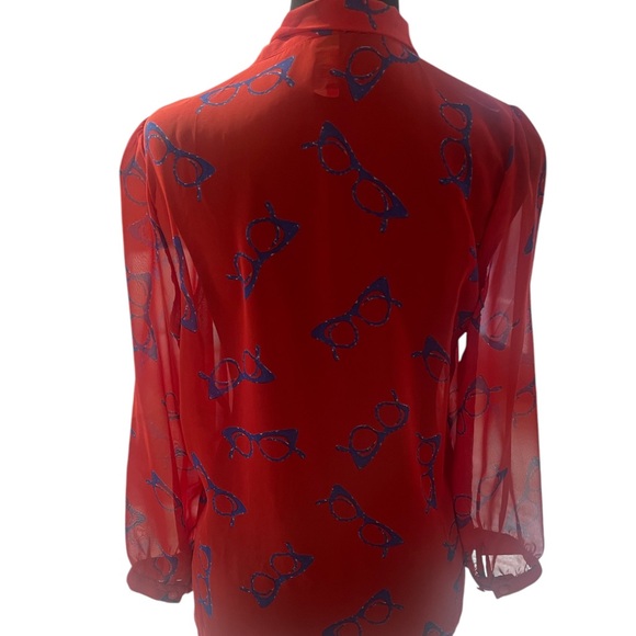 Retro Red,blue eye glasses print, sheer,button down neck bow tie blouse, small - Picture 5 of 8